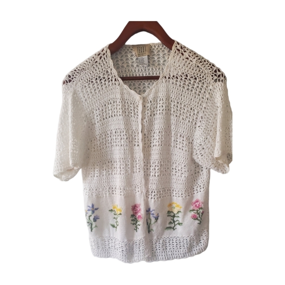 Teddi Vintage Crocheted Open Lightweight Cropped Floral Crosstitched  Cardigan